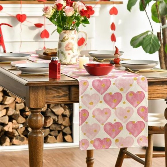 Valentines Day Table Runner Pink Heart Dining Cloth Cottage Wedding Party Decor - Picture 3 of 5